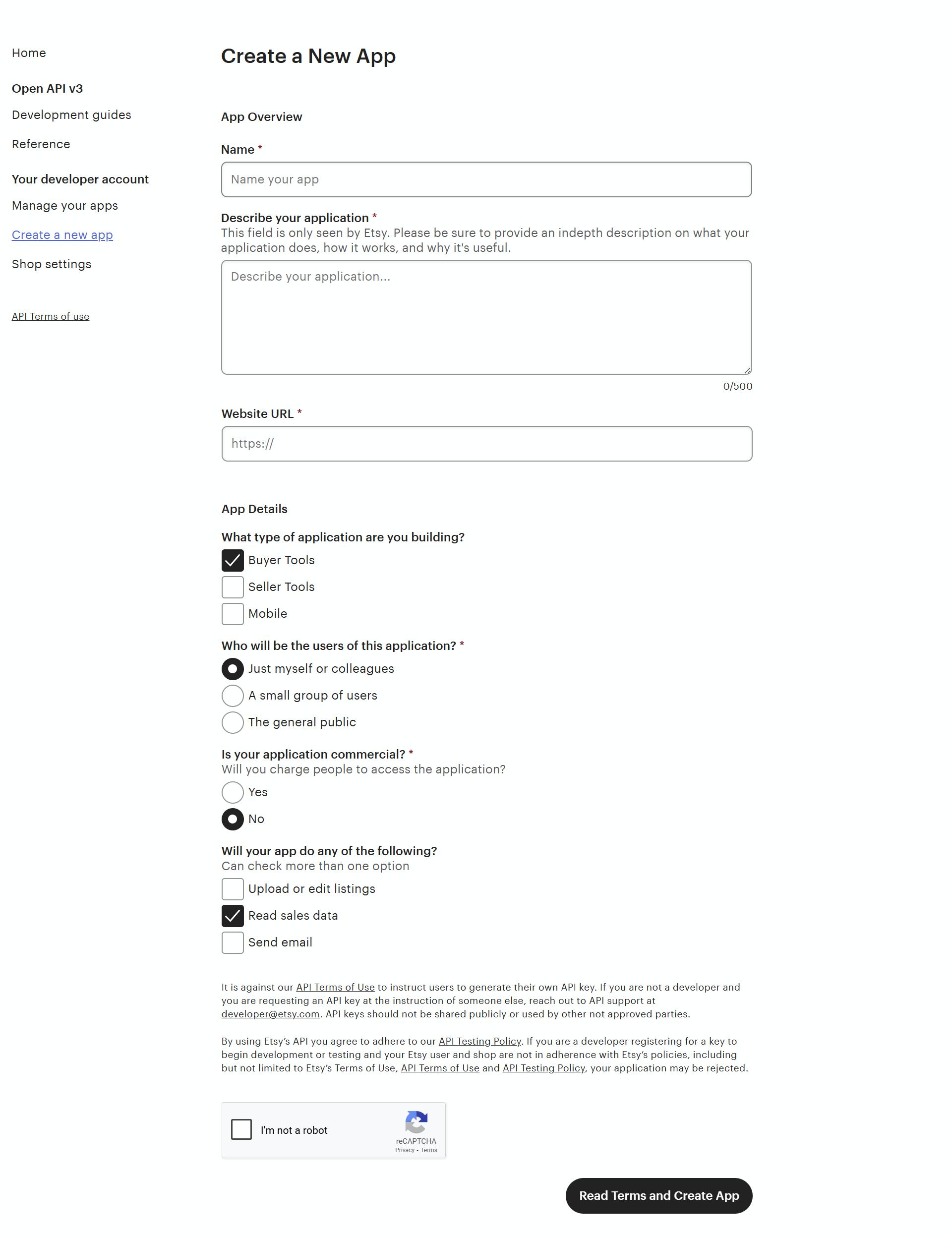 Etsy App Creation Form