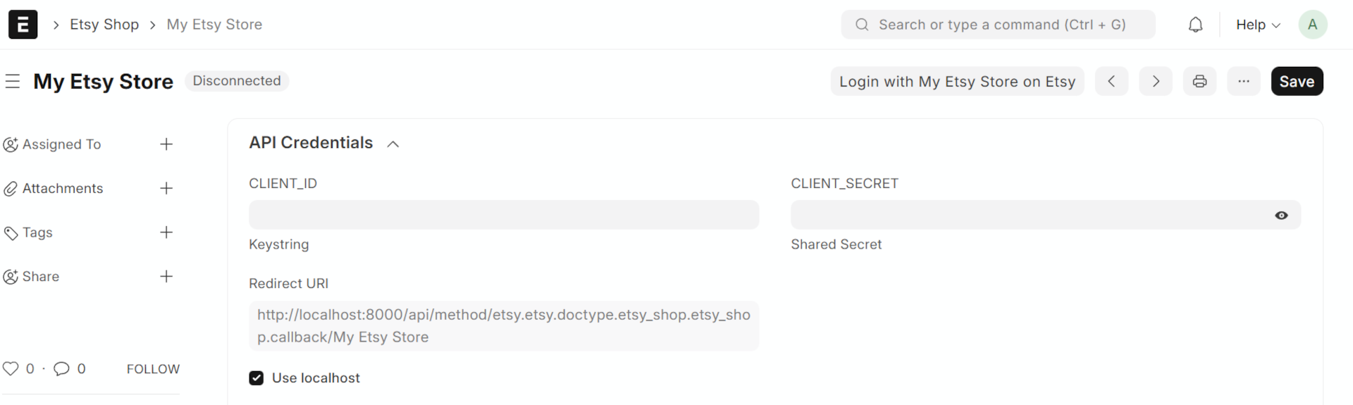 Etsy Shop API Credentials Section