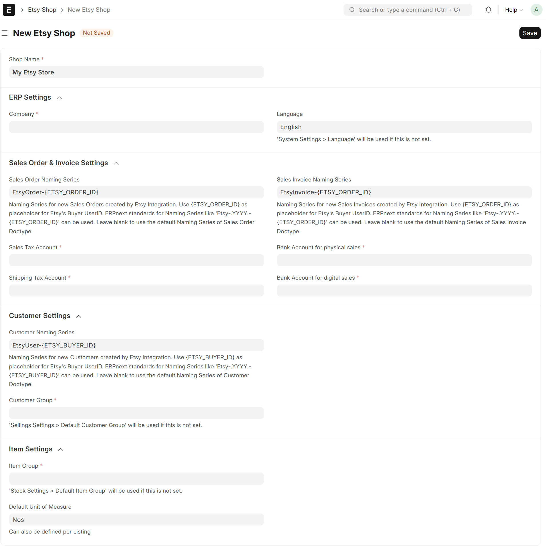 Etsy Shop ERP Settings