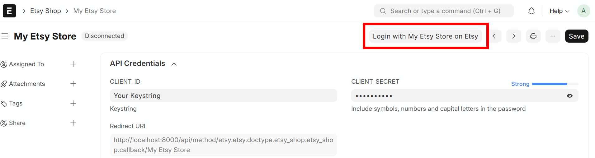Etsy Shop Login Button